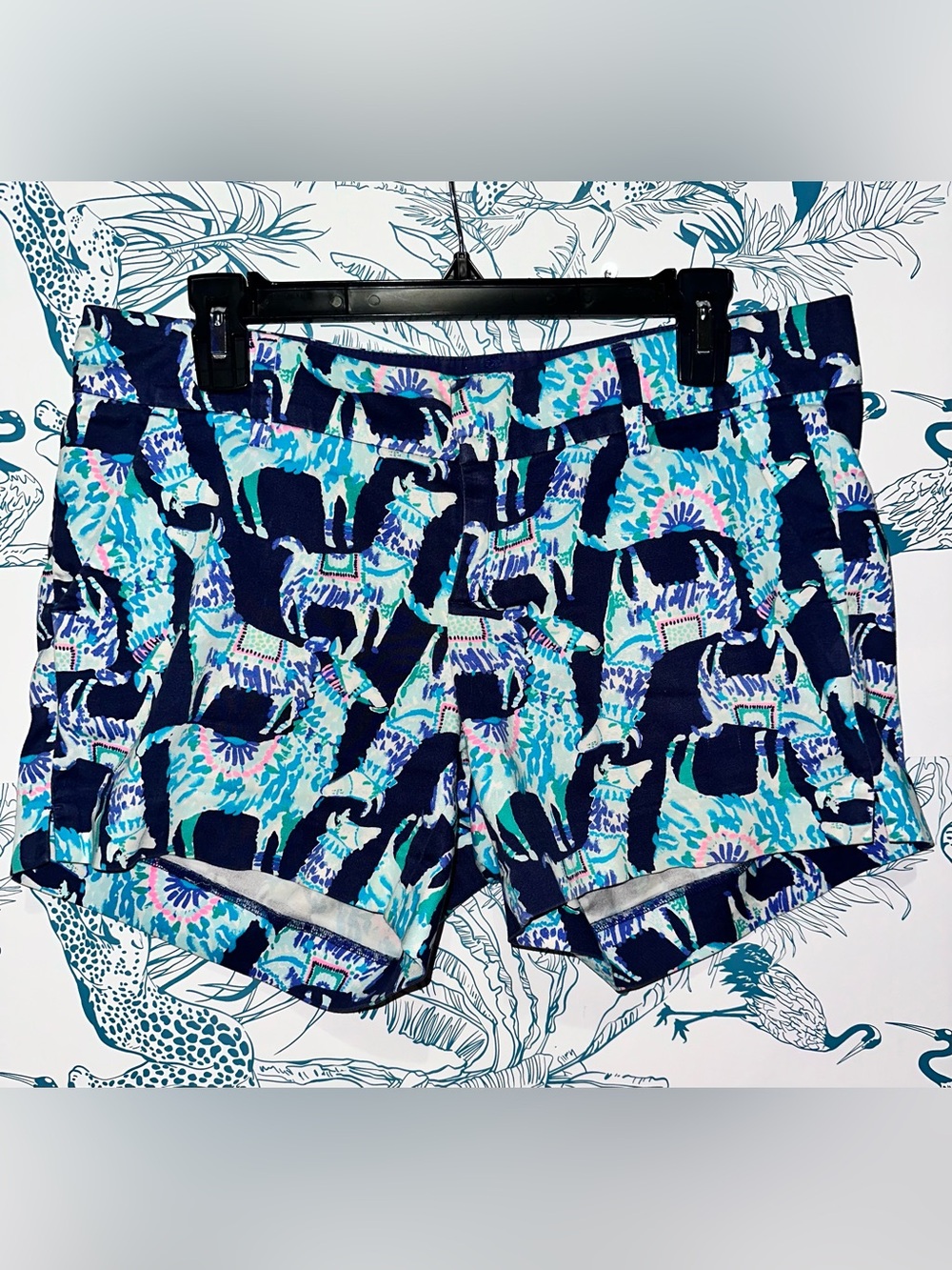 Lilly Pulitzer Navy, Aqua & Llama Turquoise Printed Stretch Shorts